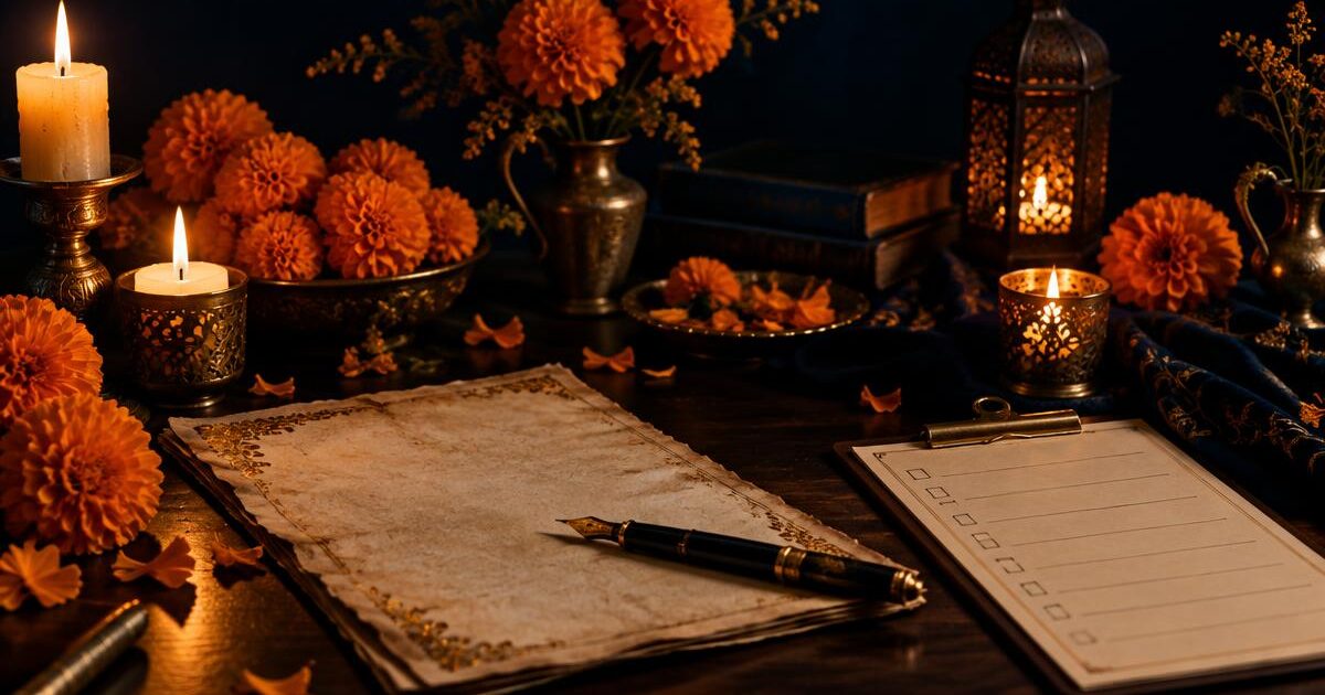 Velas, flores de cempasúchil y un manuscrito sobre un escritorio