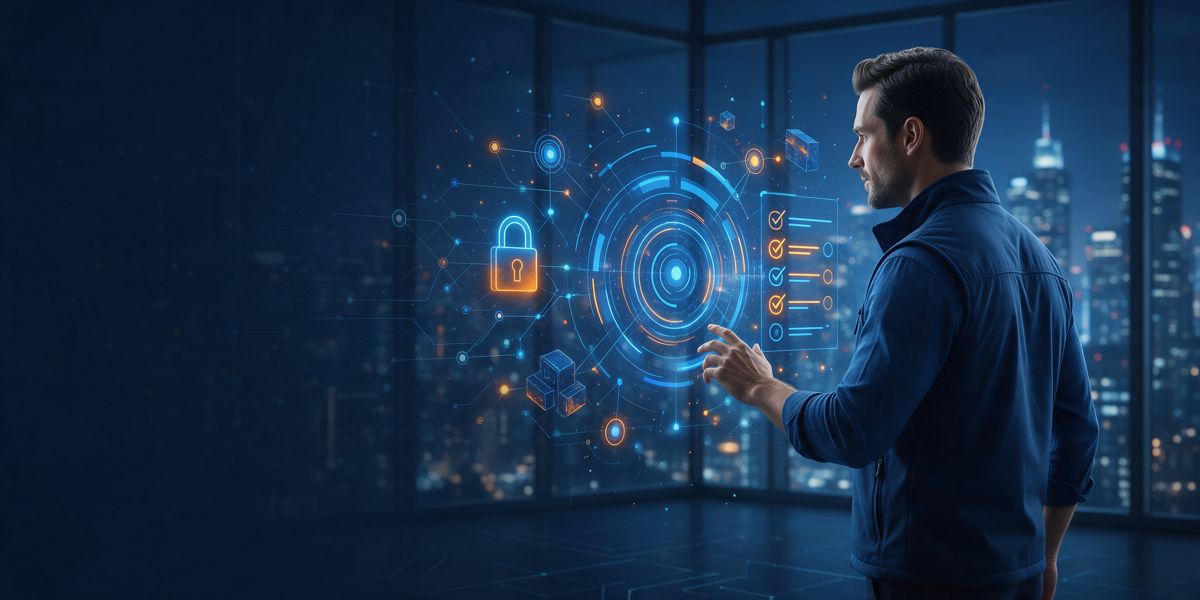 Auditor analizando controles de seguridad de la información en una pantalla holográfica con un candado y anillos de protección