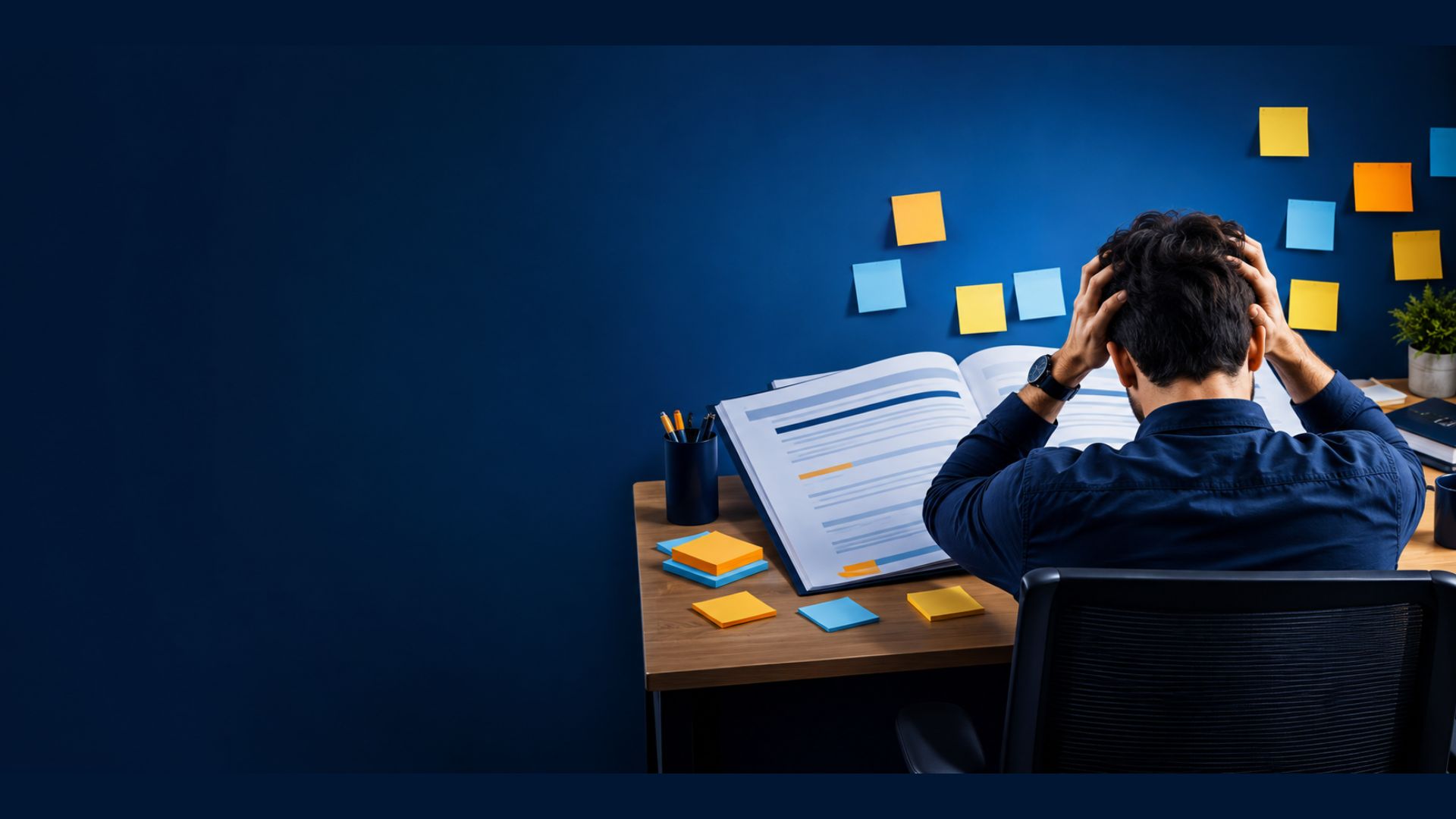 Profesional frente a una norma de calidad llena de post-its, reflejando la complejidad de interpretarla.