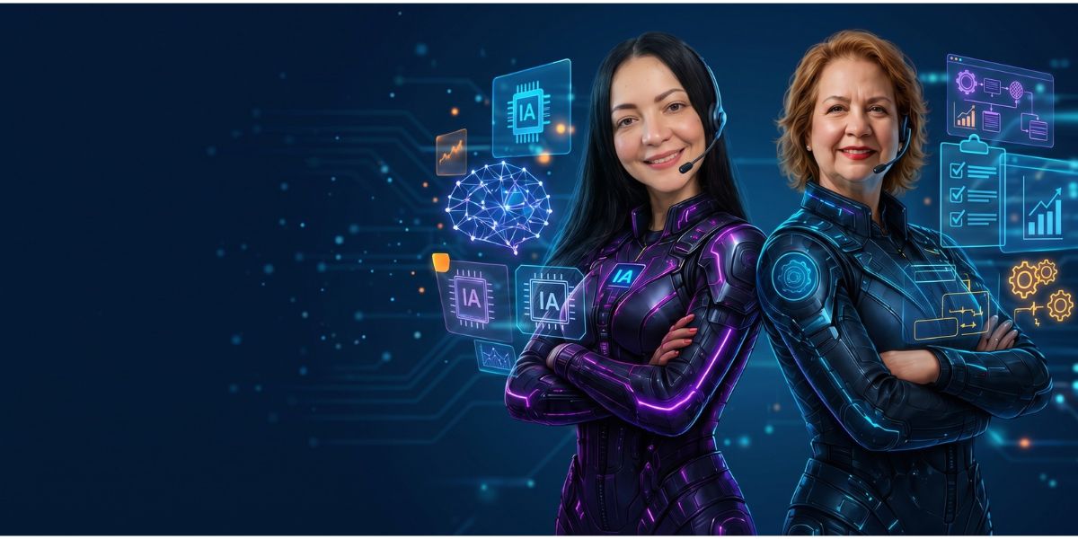 Dos instructoras con atuendos cibernéticos representando la fusión entre inteligencia artificial y sistemas de gestión.