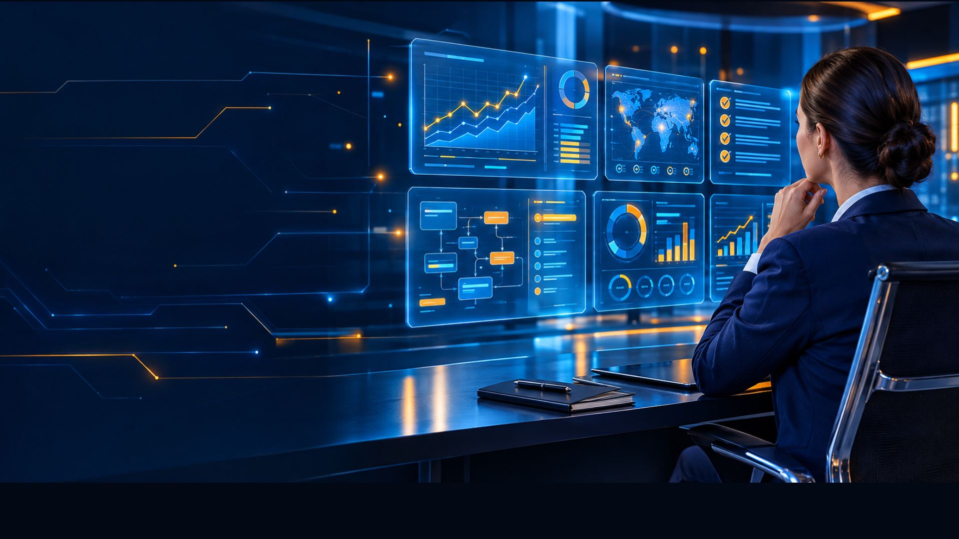 Auditora interna analizando dashboards holográficos en una sala de control futurista.