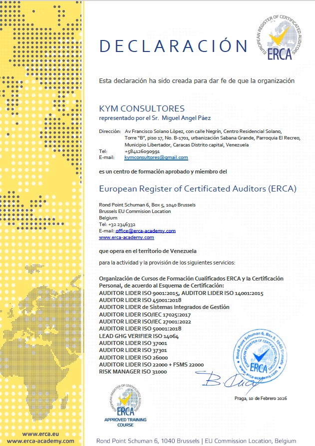 Declaración oficial de ERCA que acredita a KyM Consultores como centro de formación aprobado y miembro de ERCA en Venezuela
