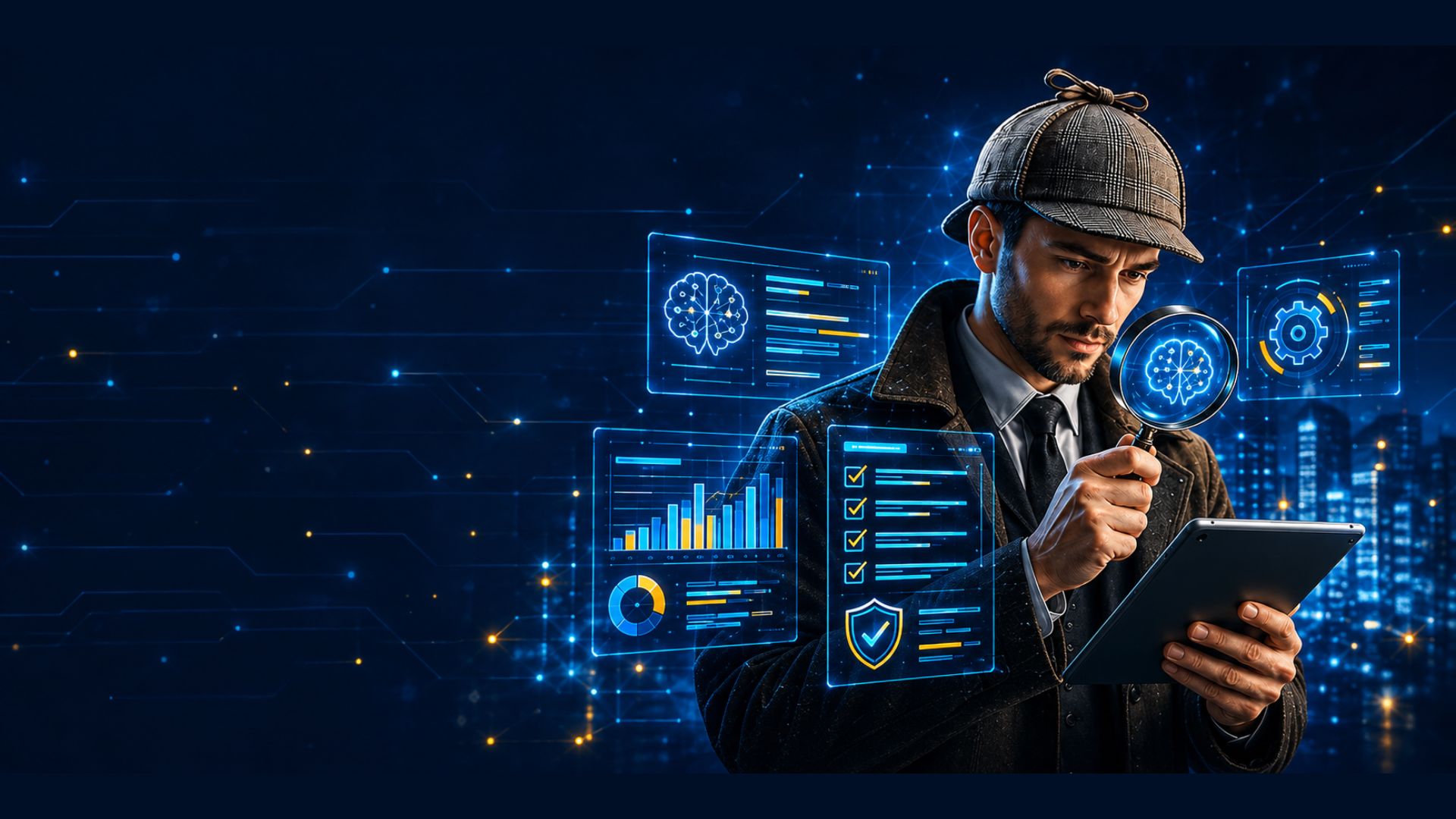 Auditor moderno con estilo detective analizando información en pantallas holográficas futuristas.