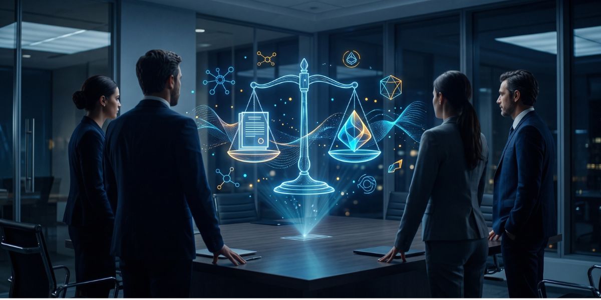 Equipo directivo frente a una balanza holográfica que representa la ética y la calidad